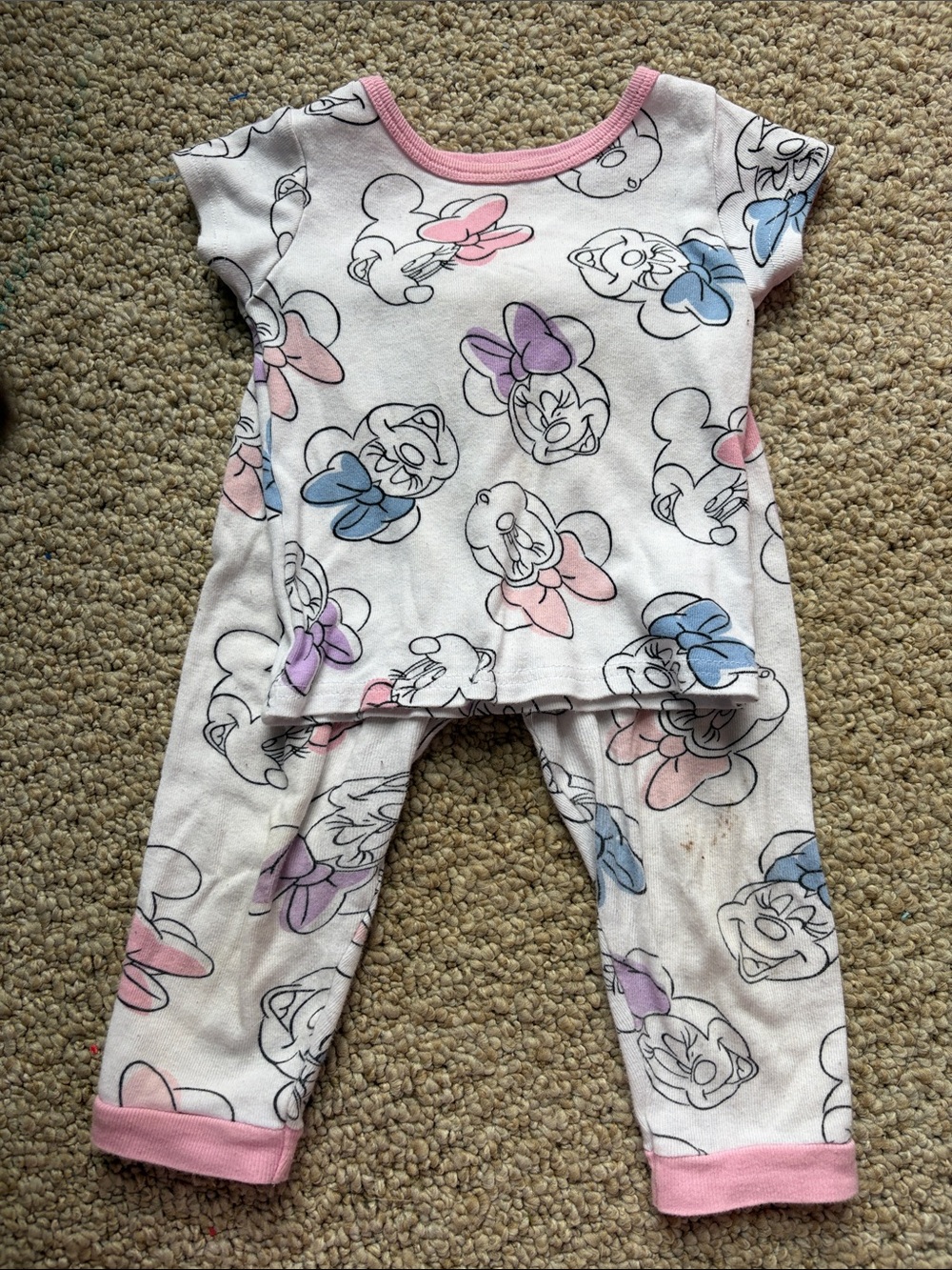 Disney Girls White Pajama Set with Pink, Blue & Purple Accents